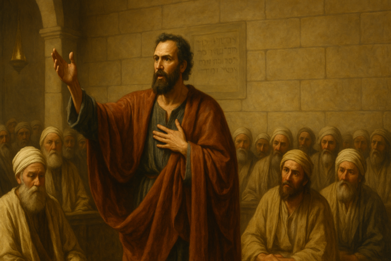 Oil painting of the Apostle Paul passionately preaching in a synagogue, surrounded by attentive men in traditional robes against a backdrop of warm stone walls.