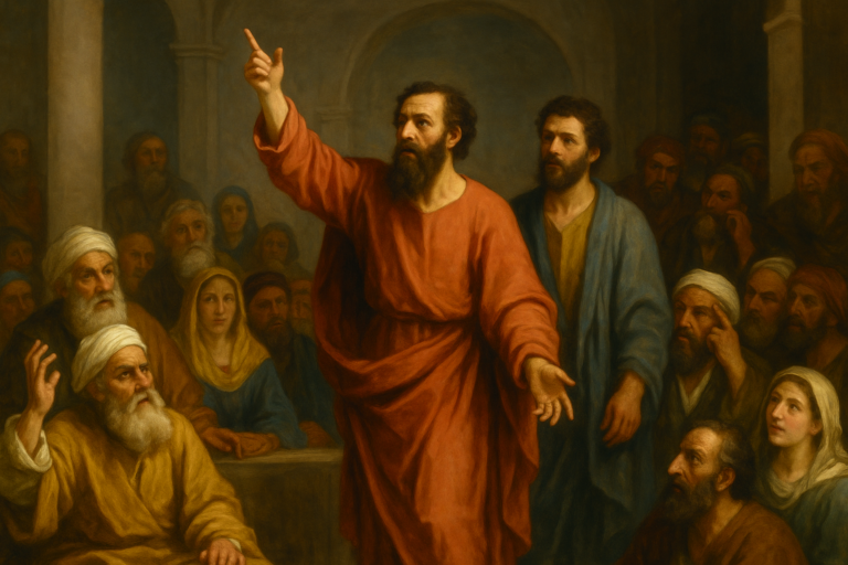 Paul raises his hand while preaching in a crowded synagogue, surrounded by listeners with mixed reactions, in a classical biblical oil painting scene.