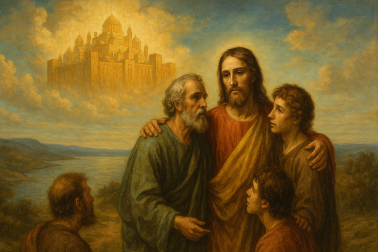A traditional painting showing Jesus with his disciples in the foreground, with the radiant city of the New Jerusalem descending from the heavens in the background over a serene coastal landscape.
