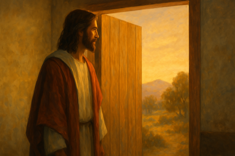 Digital painting of Jesus standing inside a room, gazing through an open wooden door toward a golden sunlit landscape with hills and trees, symbolizing His presence and invitation.