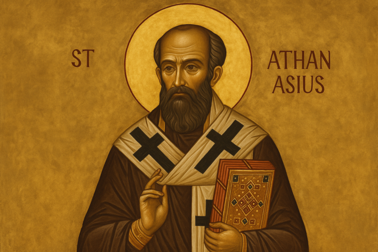 A Byzantine-style icon of Saint Athanasius depicted with a golden halo, wearing bishop's vestments with black crosses, holding a decorated Gospel book and raising his right hand in blessing, against a warm golden background.