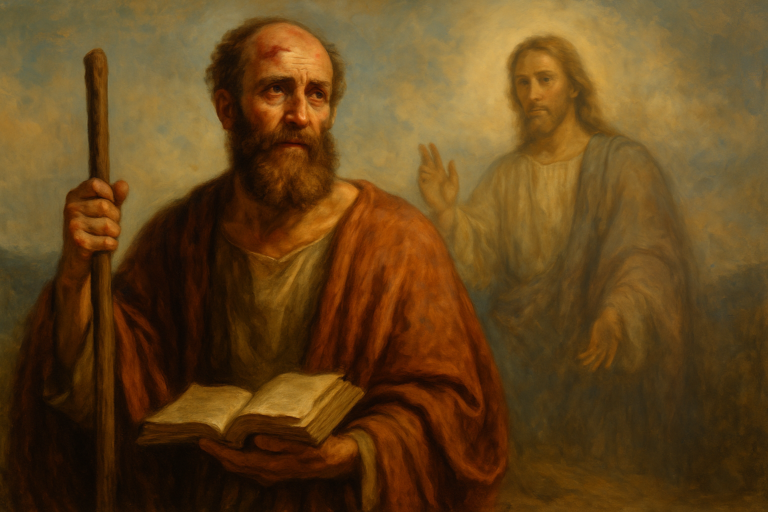 A classical-style painting of Paul the Apostle holding a staff and open book, with visible bruises on his forehead, as the risen Christ stands behind him with a gentle gesture of blessing.