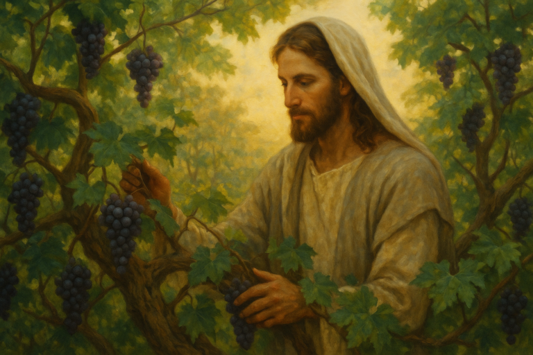A classical oil painting of Jesus gently tending grapevines in a lush vineyard, bathed in warm sunlight with ripe purple grapes surrounding Him.