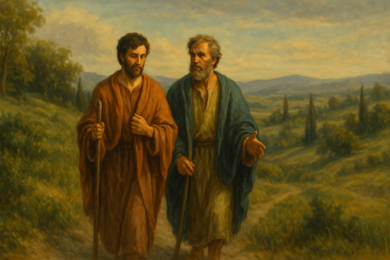 Oil painting of Paul and Timothy walking along a countryside path at dusk, symbolizing their missionary journey and trust in the Holy Spirit's guidance.