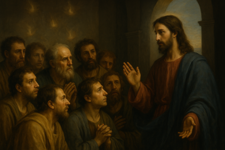 Traditional oil painting of Jesus speaking to His disciples, with gentle light illuminating the scene, symbolizing the promised coming of the Holy Spirit.