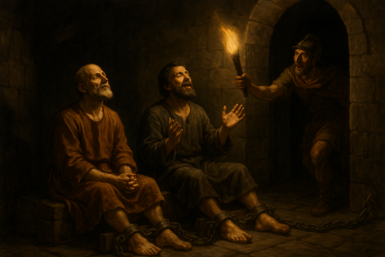 Baroque-style painting of Paul and Silas shackled in a dim prison, singing and praying as a startled guard enters with a torch.