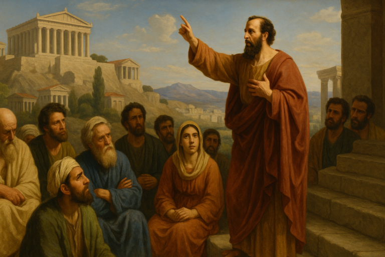 Saint Paul stands preaching to a gathered crowd in Athens near the Parthenon, passionately proclaiming the message of the "Unknown God" amid classical Greek architecture.