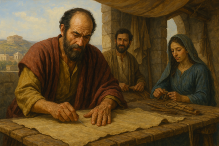 A realistic oil painting of Paul sewing canvas as a tentmaker in Corinth, with Aquila and Priscilla assisting beside him inside a stone workshop, Corinthian architecture visible through an archway in the background.