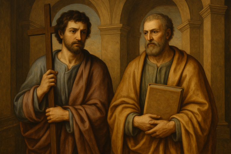 Traditional oil painting of Saints Philip and James standing side by side in Renaissance-style robes, with Philip holding a cross and James holding a book, set against an arched architectural background.