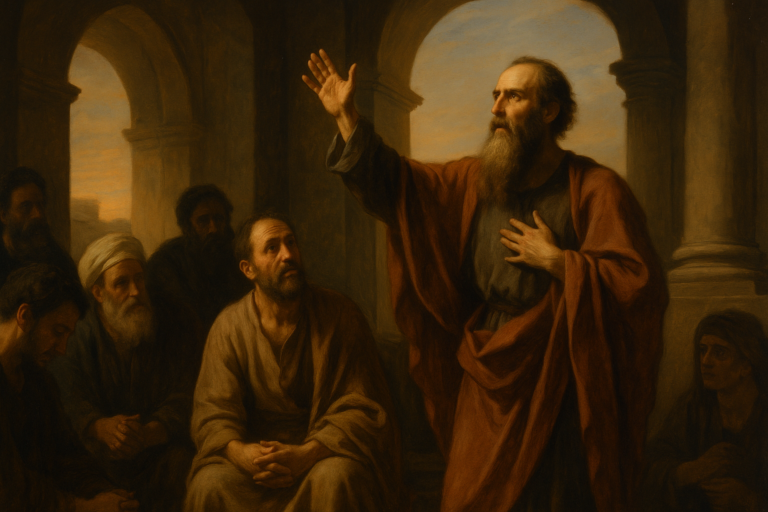 A traditional oil painting shows Saint Paul in a quiet room at night, receiving a divine vision. His face is uplifted in awe as warm light fills the space, symbolizing God’s presence and reassurance.