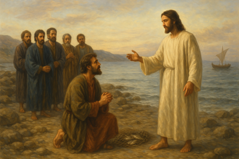 Oil painting of the resurrected Jesus standing on the rocky shore of the Sea of Galilee, extending his hand to a kneeling Simon Peter, with six other disciples in the background and a fishing boat on the calm water.