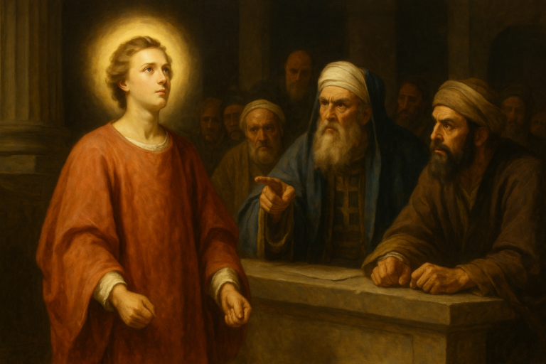 A classical oil painting of Saint Stephen standing calmly before the Sanhedrin. He is bathed in warm light with a serene expression and a glowing halo, while the elders, dressed in ancient robes, confront him with stern faces in a darkened hall.