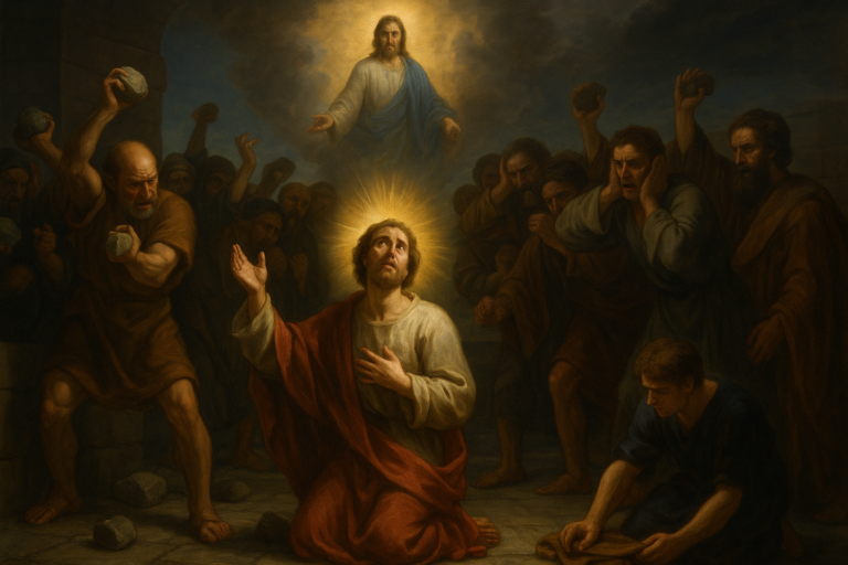 Traditional oil painting of Saint Stephen’s martyrdom, showing him kneeling in prayer with a radiant halo, surrounded by an angry crowd throwing stones, as Jesus appears above him in a vision.