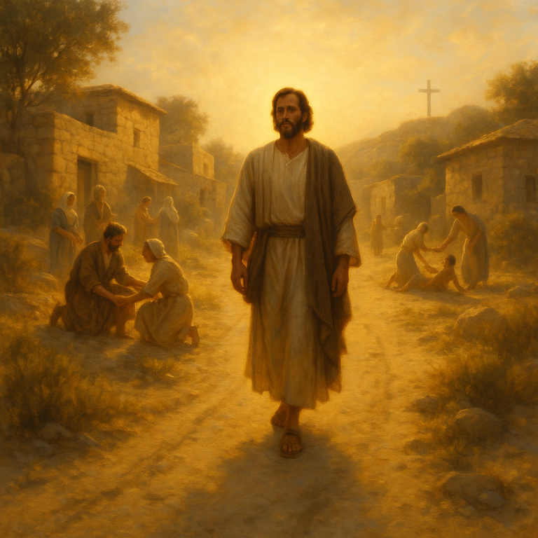 A bearded man in ancient robes walks through a sunlit village as others help the sick and poor; a cross stands on a distant hill under a golden sky.