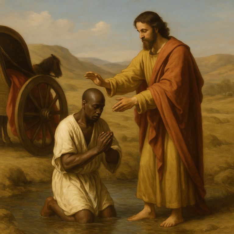 Classical-style oil painting of Philip baptizing the Ethiopian eunuch in a desert stream, with a chariot in the background and warm light highlighting the sacred moment.