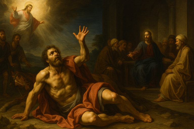 A traditional-style painting depicting Saul falling to the ground as a radiant Jesus appears above him in divine light, while in the background, Jesus teaches in a synagogue surrounded by listeners.