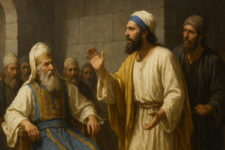 A bearded man in white and yellow robes speaks boldly before a seated elder in ornate priestly garments, surrounded by other men in a dimly lit stone chamber, depicting a biblical courtroom scene from Acts 5.
