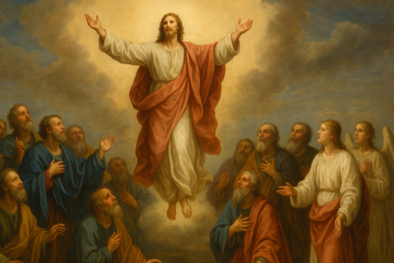 Oil painting of Jesus Christ ascending into heaven, with arms raised, surrounded by awestruck disciples and two angels beneath a glowing sky.