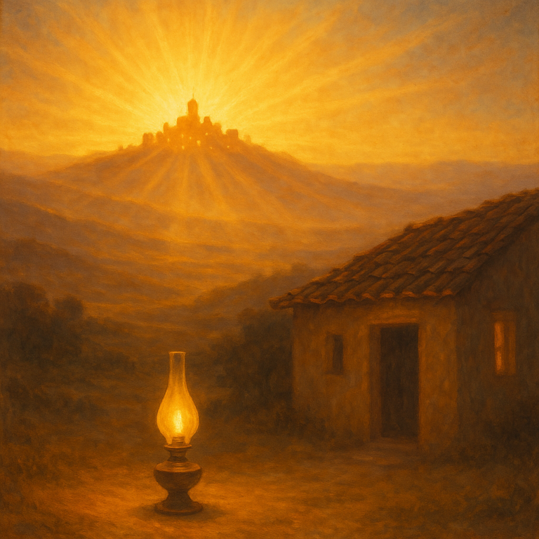 A glowing city on a hill at sunset with an oil lamp lit outside a rustic house, symbolizing “light of the world” from Matthew 5.
