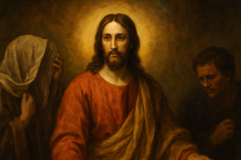 Traditional oil painting of Jesus Christ with a golden halo, wearing a red robe and golden cloak, flanked by two figures in a warm, painterly setting.