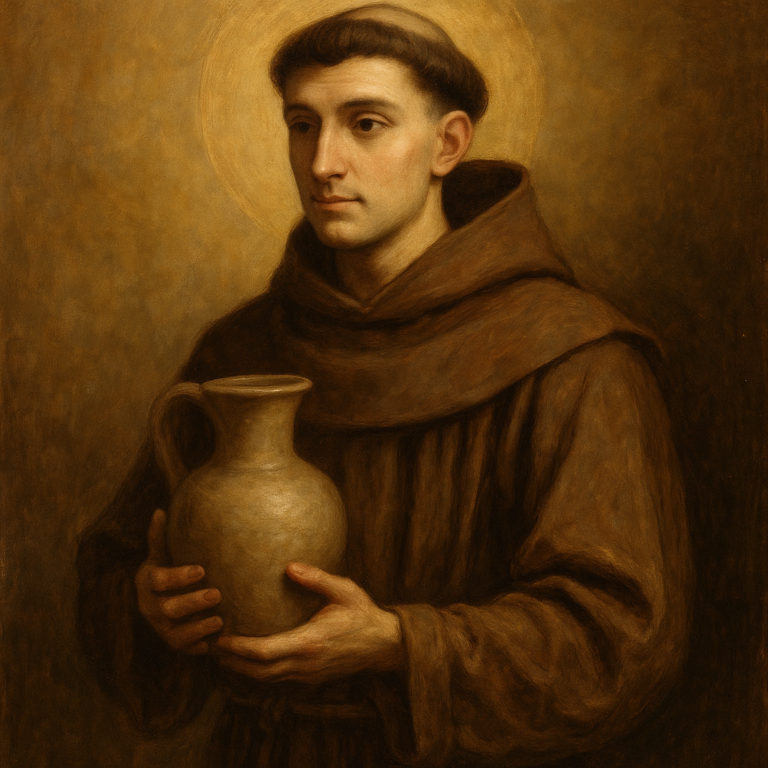 A realistic oil painting of Saint Anthony of Padua wearing a brown Franciscan habit and holding a simple earthen jug, symbolizing humility and divine grace.