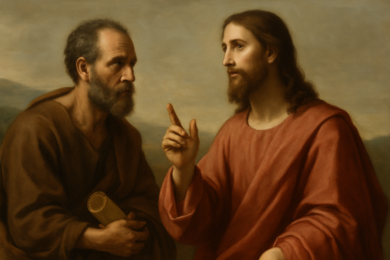 A classical oil painting of Jesus in a red robe teaching an apostle holding a scroll, set against a soft, natural landscape background.
