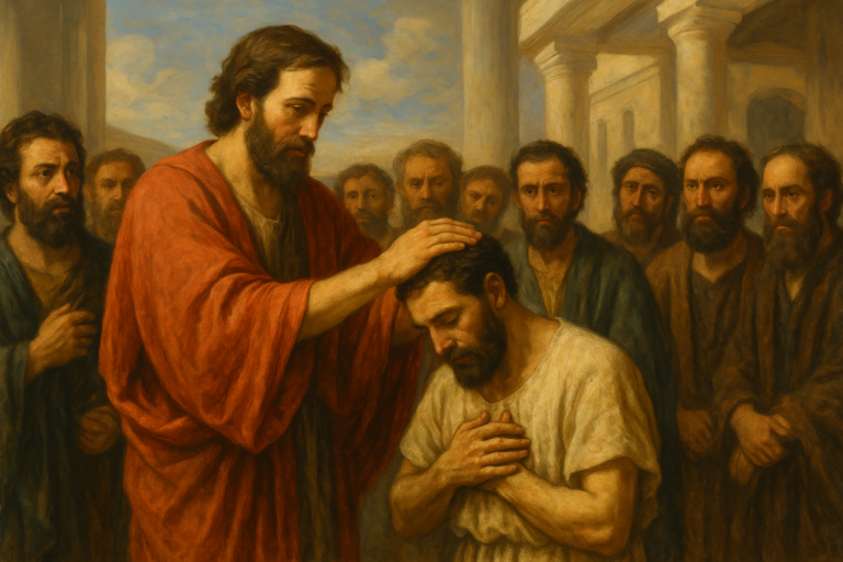 An oil painting of Paul placing his hand on a disciple’s head during baptism, surrounded by other followers, with ancient stone architecture in the background.