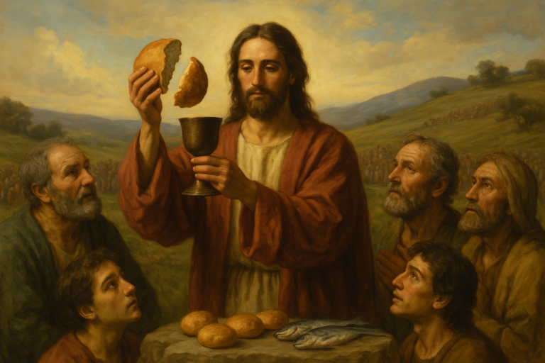 Jesus holds up bread and a chalice surrounded by His disciples on a hillside, with loaves and fish on a stone table, symbolizing the Eucharist and the feeding of the five thousand.