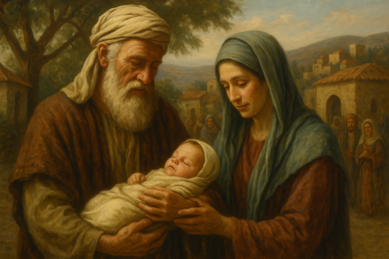 Elderly Zechariah and Elizabeth joyfully holding their newborn son, John the Baptist, in an ancient village setting, with distant hills and neighbors looking on.