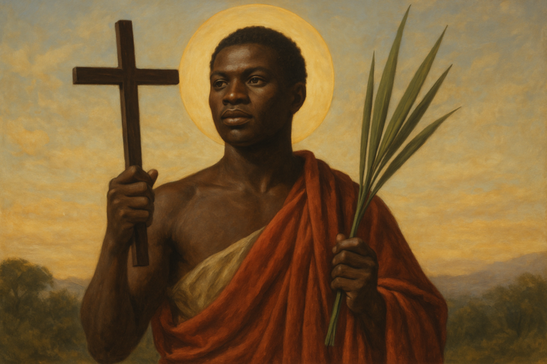 Traditional painting of Saint Charles Lwanga with a wooden cross in one hand and palm fronds in the other, wearing a red cloak and a halo, set against a golden sunset sky.