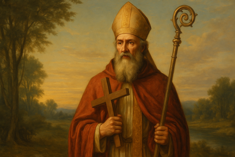 Traditional oil painting of Saint Boniface holding a wooden cross and bishop's staff, set against a serene countryside at sunset.