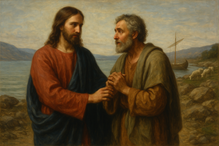Jesus and Peter stand on a rocky shoreline as Jesus gently restores and commissions him; a boat rests nearby and sheep graze along the coast.