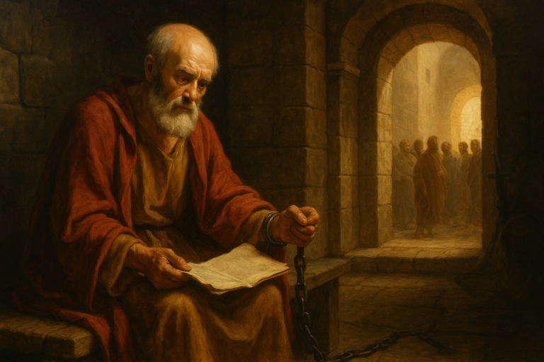 An elderly Saint Paul sits in a dim prison cell, clothed in red and ochre, holding a scroll with a chain on his wrist, as a group of visitors stands illuminated in the arched doorway beyond.