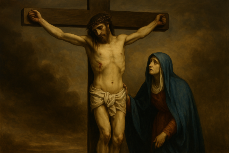 Oil painting of the Virgin Mary standing sorrowfully beside the crucified Jesus, her hand resting gently on the cross, against a somber, cloudy sky.